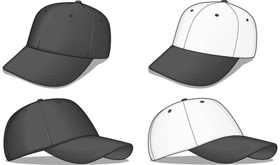 This is a set of black and white baseball caps - they are vector illustrations