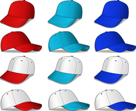 This is a set of red white and/or blue baseball caps - they are vector illustrations