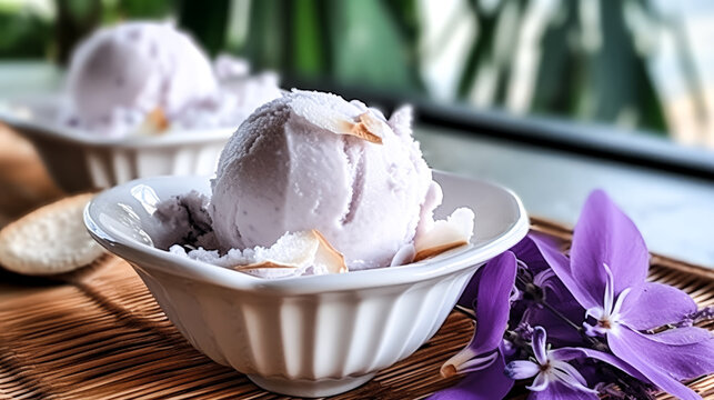 Cracked halves of a jpg served up Lavender ice cream - generative ai