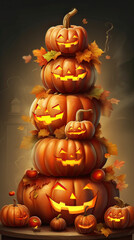 A spooky pyramid of jack-o-lantern and candles in the dark. Glowing scary smirk carved in a pumpkin. Traditional halloween decorations. Vertical greeting card or banner. Generative ai