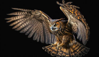 Brilliant orange eyes of the owl Nighttime raptor.Generative AI.