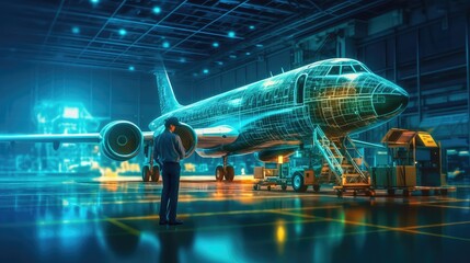 Aircraft Maintenance Hangar and airplane repair shade and engineer overlooking the repair process, creative concept and illustration on on aircraft hanger - obrazy, fototapety, plakaty