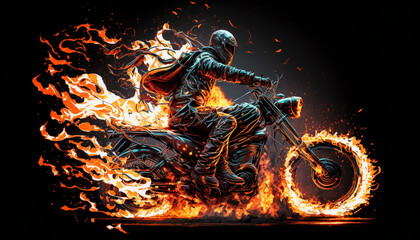 Rider on a bike or chopper on flames creative concept .Generative AI.