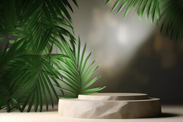 Natural stone podium for product display and placement on brown background, palm leaves and shadows. Generative AI