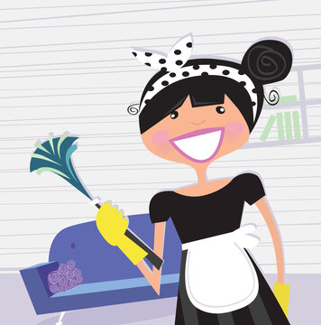 Cleaning house service or busy mom in household? Vector cartoon illustration.