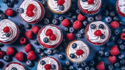 Patriotic American Themed Holiday Cupcakes/Dessert - Flag Red, White, and Blue Colors - Veterans Day, Memorial Day, and Fourth of July Food Concept - Generative AI