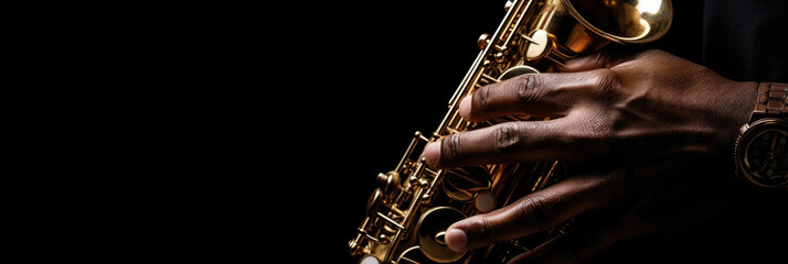 saxophone on black background, close-up view of a person playing a sax instrument, jazz wallpaper musical instrument, AI