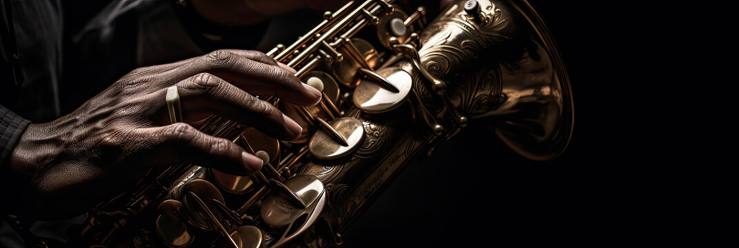 saxophone on black background, person playing a saxophone, showcasing the intricate details of the instrument and the musician's expression, AI