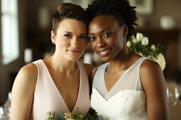 Smiling multiethnic lesbian couple posing the day of their wedding. Generative AI - obrazy, fototapety, plakaty