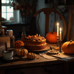 Obraz na płótnie Canvas American pumpkin pie on a dark background with candles in halloween. Generative ai