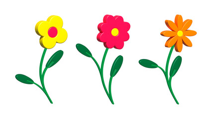 Set of yellow, pink or magenta, orange flowers with green leaves isolated. 3d rendering. Elements icon for spring or summer concept. Mother day. PNG with transparent background