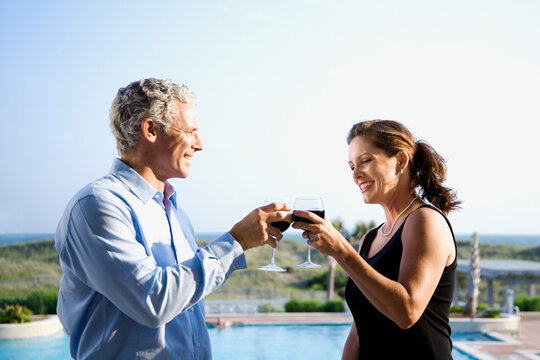 Caucasian mid-adult couple making toast with wine glasses.