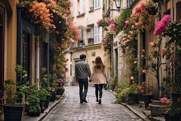 Fototapeta na wymiar A pair of lovers walk hand in hand through an alley (Generative AI, Generativ, KI)
