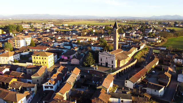 Aerial townscape with Chiesa di San Felice, Frugarolo, Alessandria, Piedmont, Italy