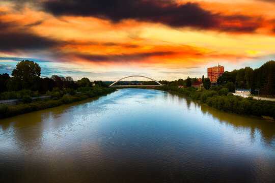 Ponte Meier over Tanaro River at sunset, Alessandria, Piedmont, Italy