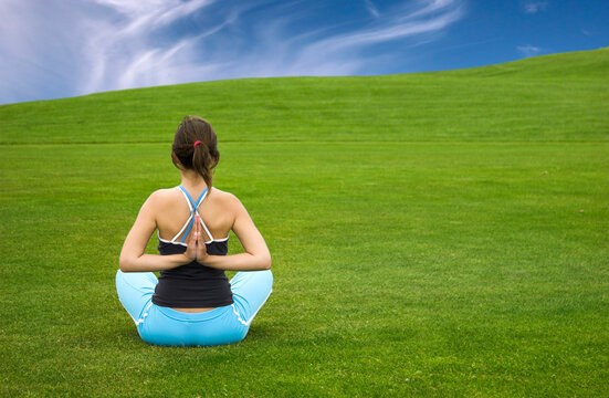 Beautiful athletic woman making yoga on a beautiful green meadow
