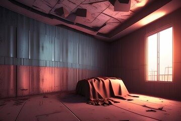 Interior of empty abstract room of rusty metal sheets. Illuminated night view. illustration - generative ai
