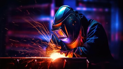 Men wearing helmets and protective gear for cutting metal and doing welding, Men wearing safety gear and doing welding, heavy-duty industry and manufacturing plant, iron and metal industry workers,   - obrazy, fototapety, plakaty