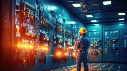 Florman or production machine operator working on the manufacturing floor to ensure all the equipment is functioning correctly with protecting helmat and gear;