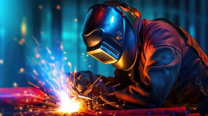 Men wearing helmets and doing welding, Men wearing safety gear and doing welding, heavy-duty industry and manufacturing plant, iron and metal industry workers,  cutting metal with safety gear - obrazy, fototapety, plakaty