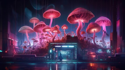 Scientific laboratory for mushroom growing, mushroom research and development facility, harvesting mushrooms in mars