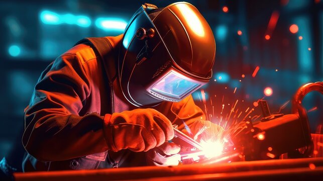 Man working in manufacturing plant and wearing safety gear for welding, Men wearing helmets and doing welding, heavy-duty industry and manufacturing plant, iron and metal industry workers, welding job