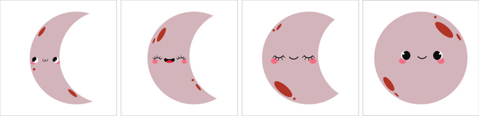 Set of cards with the moon phase. Cute funny moon character for kids print,poster,textile,memory and more.