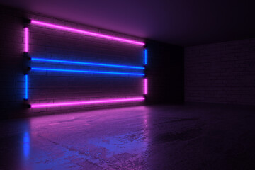 Purple and Blue Neon Lights on Dark Brick Wall