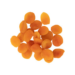 heap of dried apricots isolated on white background, top view, concept of healthy breakfast