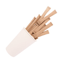 sugar sticks in paper cup, sugar in paper kraft packaging, mock up for design isolated on white background
