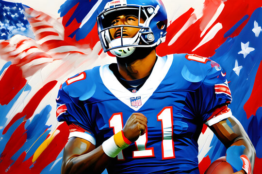 Patriotic football player with USA American flag abstract oil painting background Generative Art