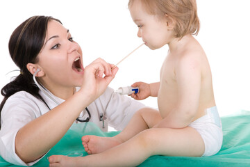 Young pediatrician with baby girl, over white background