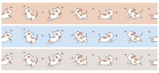 Vector Endless Print with Cute Hand Drawn White-Brown Little Puppies. Lovely Party Decoration with Funny Baby Dog and Flying Butterfly on a Blue, Gray and Beige Background. Baby Amstaff Print. 