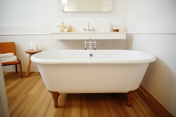 minimalist bathroom with a white bathtub on wooden flooring Generative AI