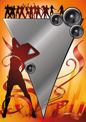 Female Dancer in front of a stylish, abstracted urban club scene with dancing people.  Warm colors.  Image for advertisement and club/ party events.