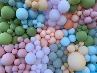 Background texture: Multicolored inflatable balls. Festive background of gel balloons. Lots of balloons of different sizes.