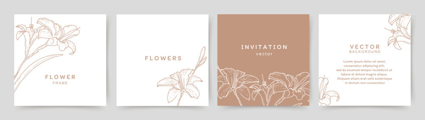 Set background in brown tones with lily flowers in line art style. Vector for wedding invitation, story and social media post, greeting card, packaging, corporate design
