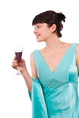 Woman proposes a toast to smb's health. Girl in greenness of the sea dress is standing and holding wine glass. Isolated on white background.