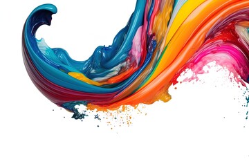 Colorful bright paint swirls with splashes and empty white space. Liquid vivid flow with twists, curved dynamic lines for creative background. Fluid vortex made of acrylic or alcohol ink.