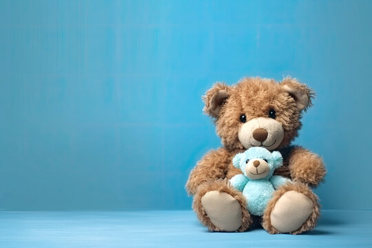 cute teddy bear on blue background , copy space, AI Generated.  Generative AI