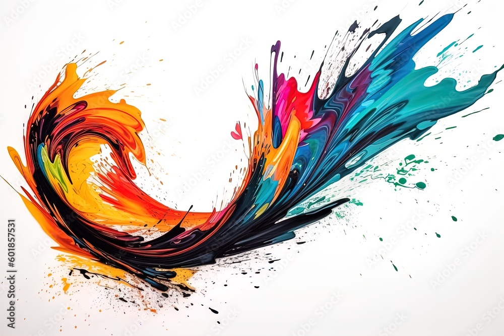 Wall mural colorful bright paint swirls with splashes and empty white space. liquid vivid flow with twists, cur