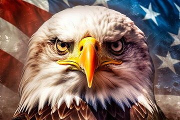 Naklejka premium close-up bald eagle and American flag. generated by AI