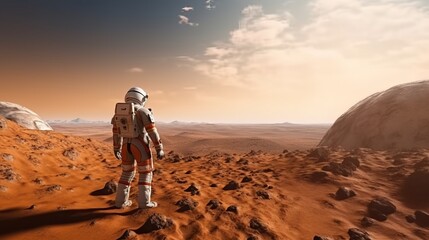 Back view of full body astronaut exploring Mars surfac. Generative AI © DG-Studio