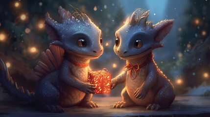 Two little cute dragons gives gifts to reach other. Christmas and new year holliday card. Generative ai
