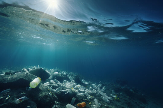 Plastic garbage pollution under water. AI generated image.