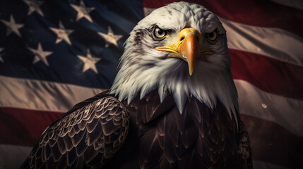 Naklejka premium American Eagle Close Up with USA Flag in the Background - Patriotic Theme for Veterans Day, Memorial Day, Fourth of July - Generative AI