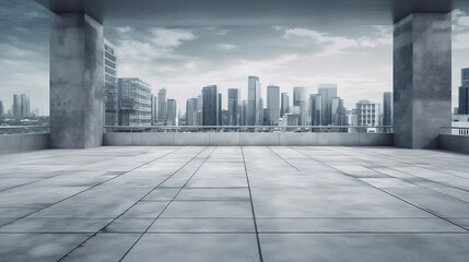 Fototapeta premium skyline and buildings with empty concrete floor. Generative AI