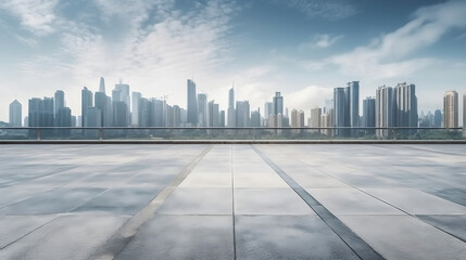 skyline and buildings with empty concrete floor. Generative AI