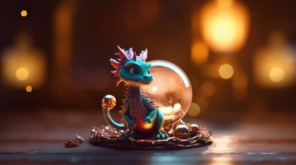 Little cute dragon toy and glass ball surrounded by Christmas lights. Christmas and new year holliday card. Generative ai