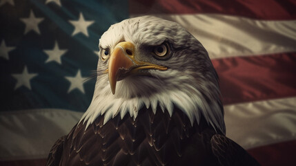 Naklejka premium American Eagle Close Up with USA Flag in the Background - Patriotic Theme for Veterans Day, Memorial Day, Fourth of July - Generative AI